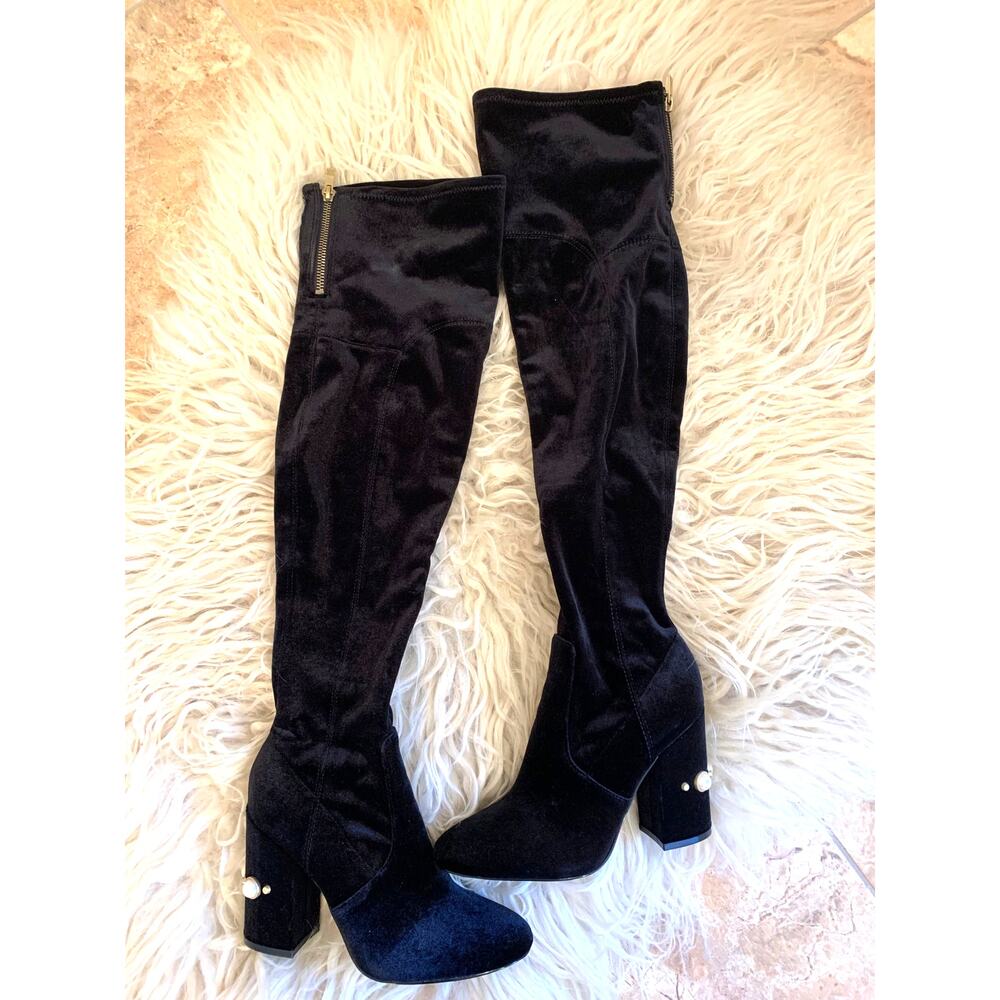 Ivanka Trump Black Velvet and Embellished Heeled High Boots Pull On Size 7.5
